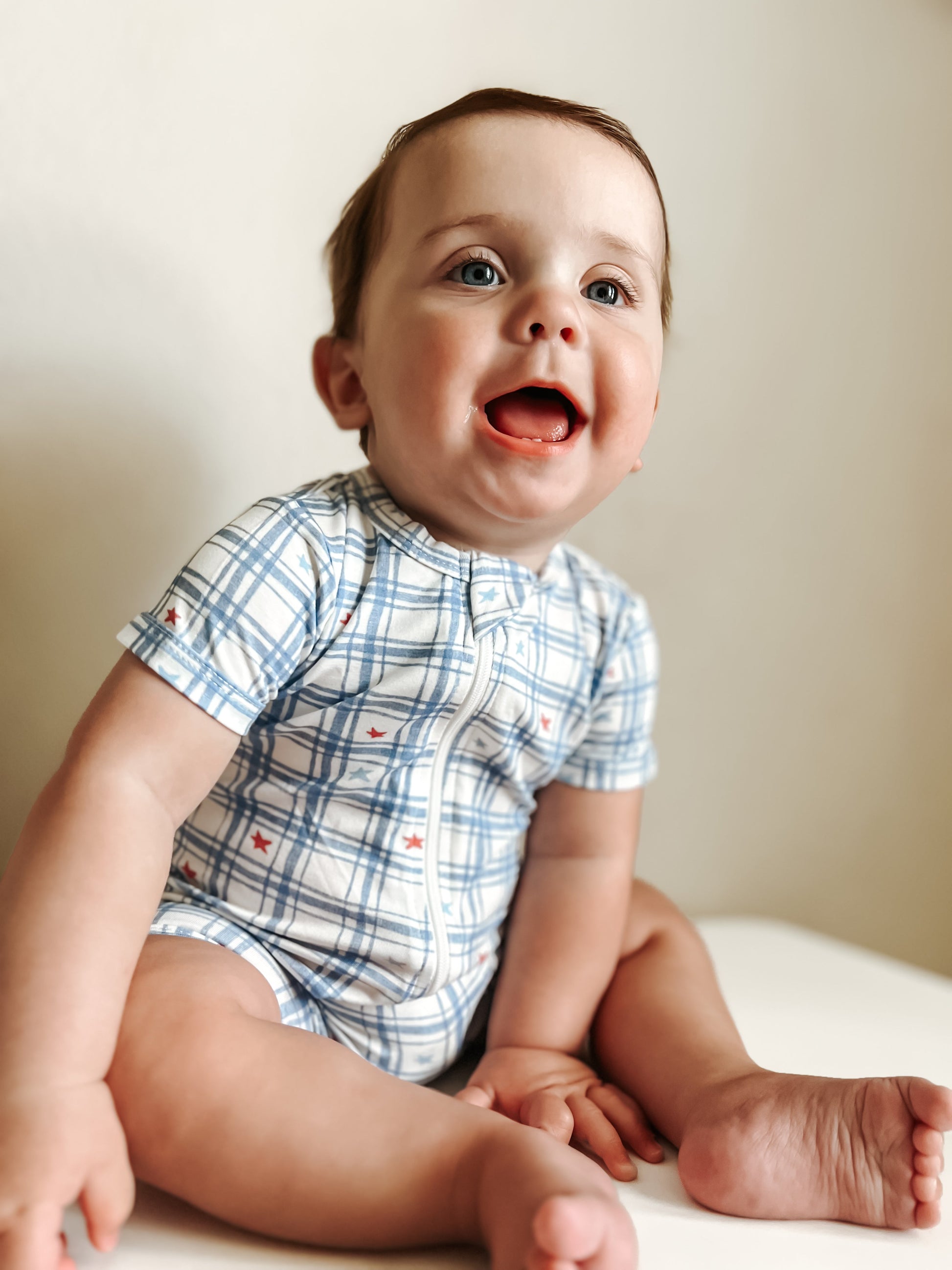 Red White & Blue Stars Gingham Bamboo Shorty Romper by Little Joy Co., product view 3