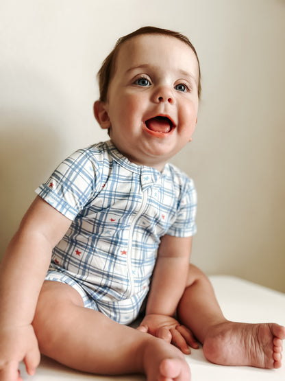 Red White & Blue Stars Gingham Bamboo Shorty Romper by Little Joy Co., product view 3