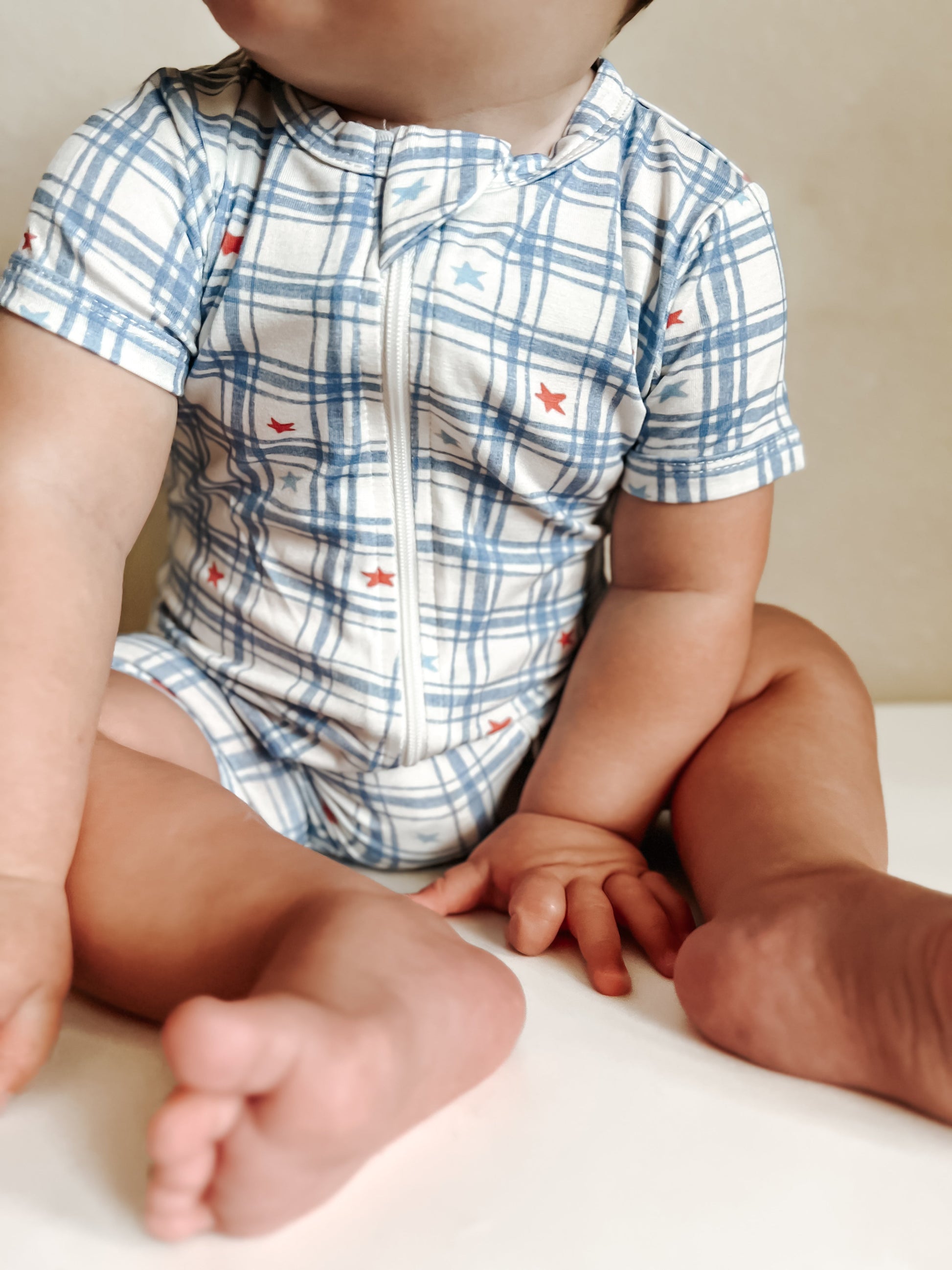 Red White & Blue Stars Gingham Bamboo Shorty Romper by Little Joy Co., product view 2