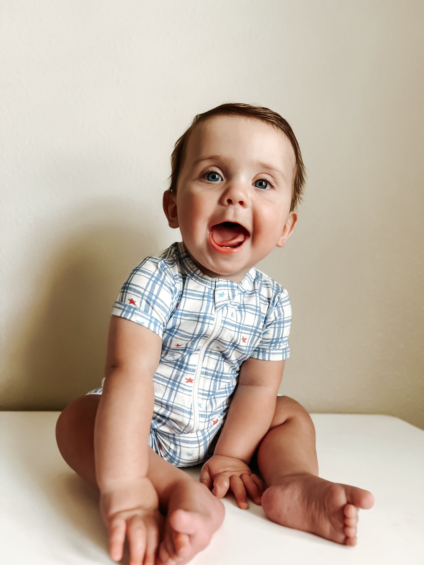 Red White & Blue Stars Gingham Bamboo Shorty Romper by Little Joy Co.