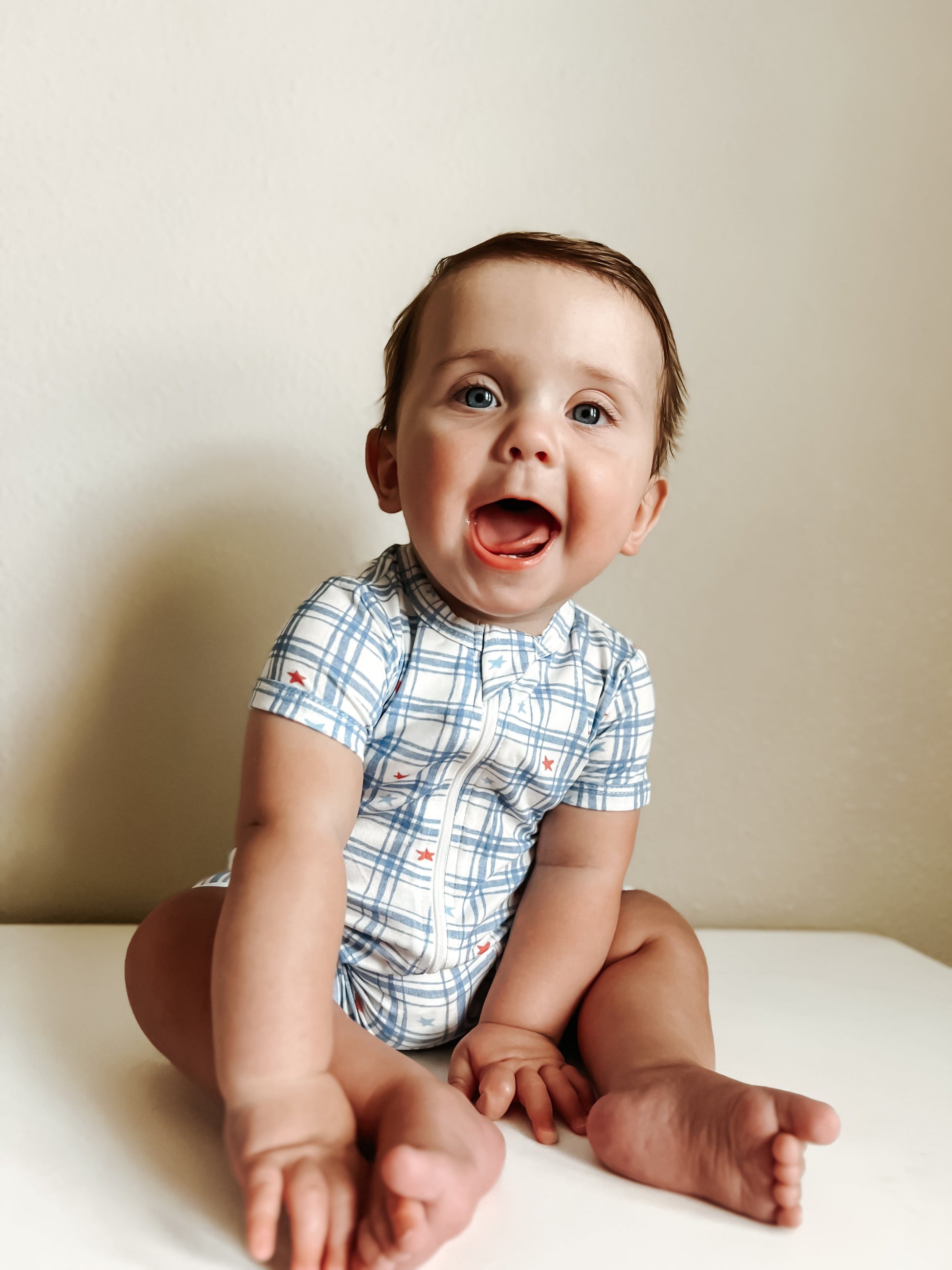 Red White & Blue Stars Gingham Bamboo Shorty Romper by Little Joy Co.
