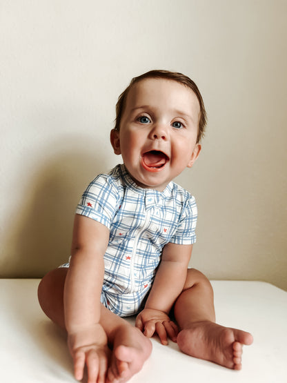 Red White & Blue Stars Gingham Bamboo Shorty Romper by Little Joy Co.
