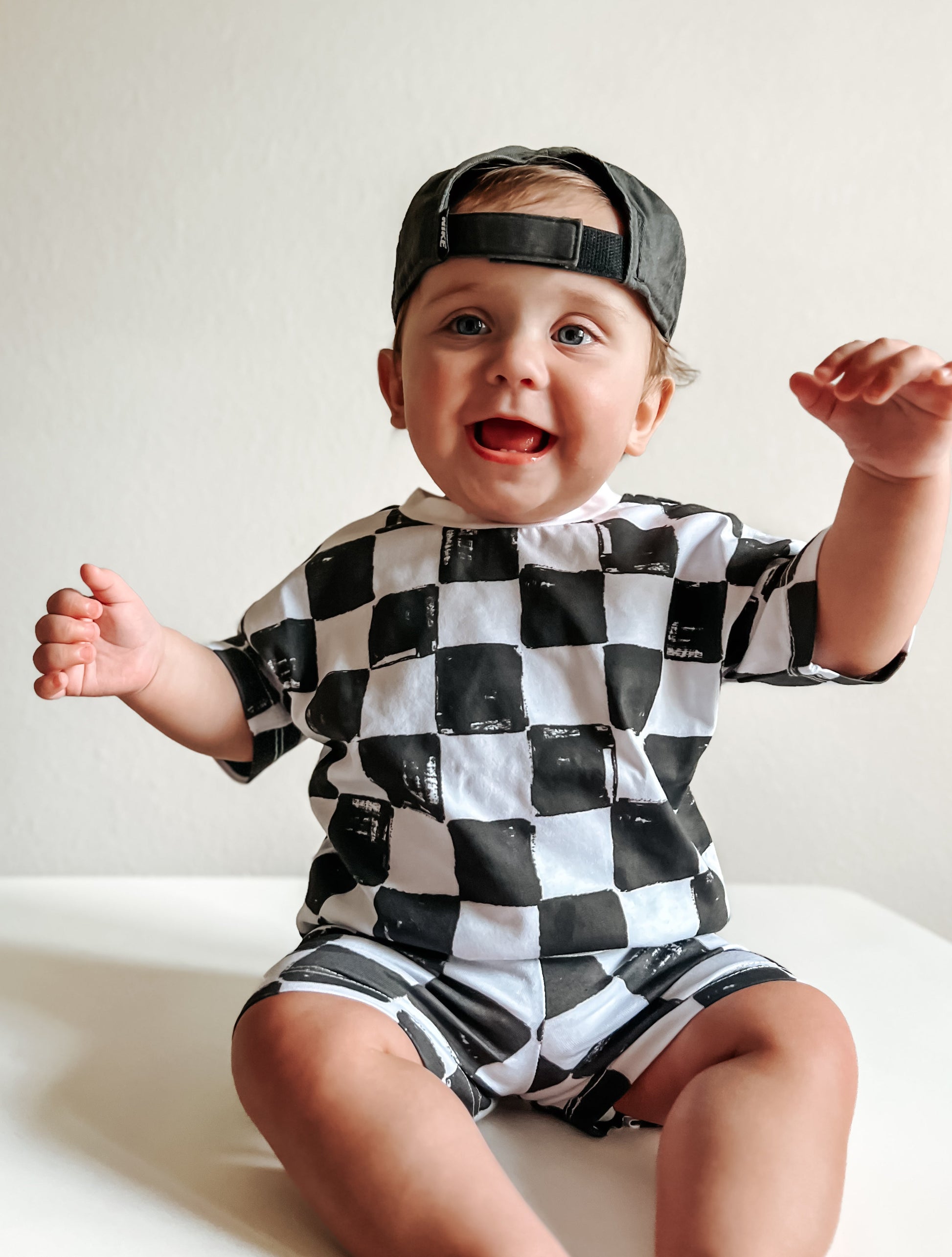 Organic Cotton Black & White Checkered Shorts Set by Little Joy Co., product view 2