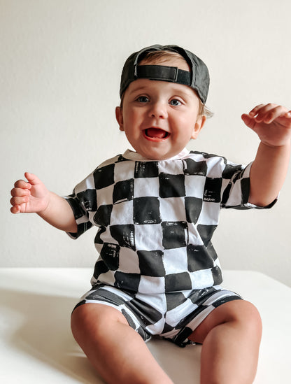 Organic Cotton Black & White Checkered Shorts Set by Little Joy Co., product view 2