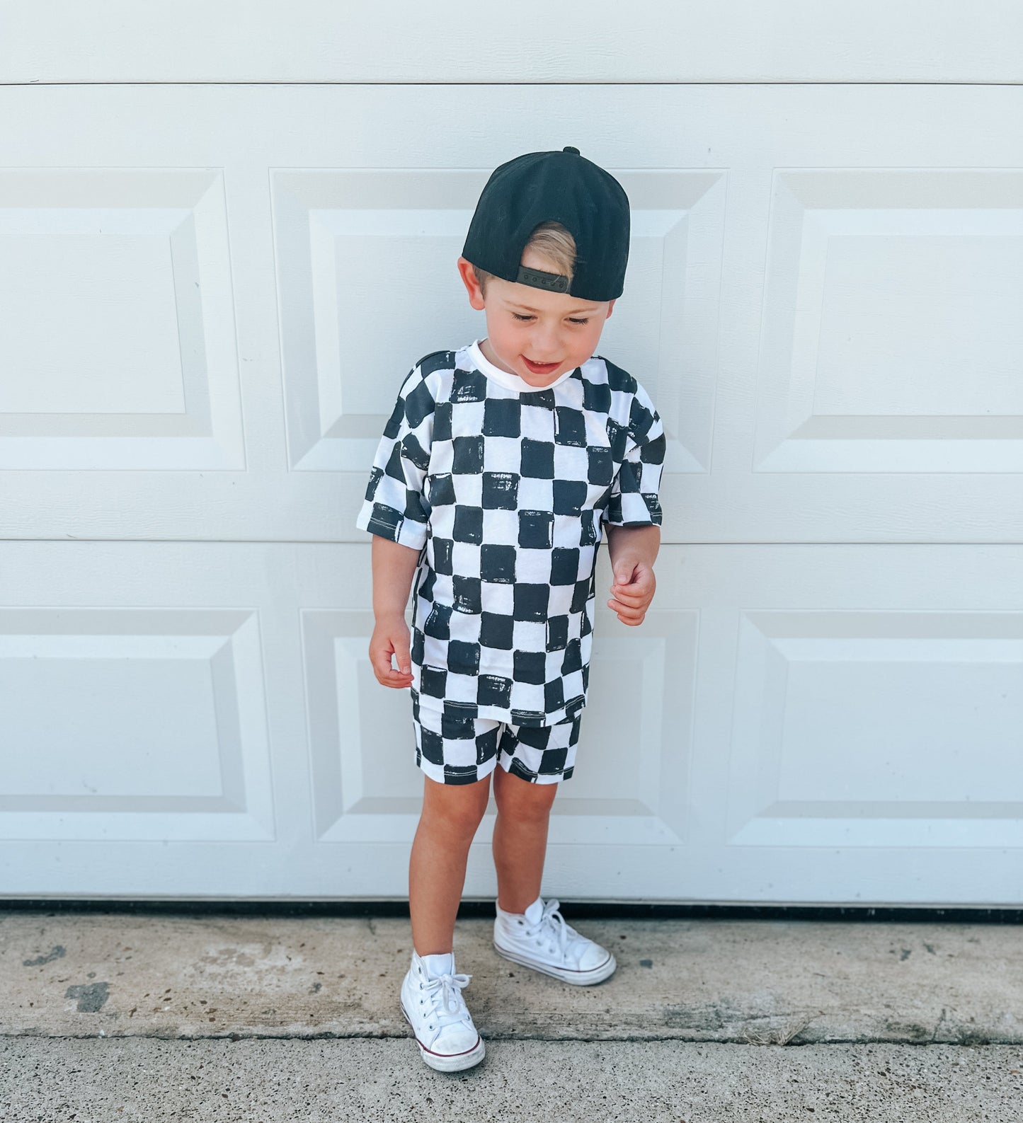 Organic Cotton Black & White Checkered Shorts Set by Little Joy Co., product view 9
