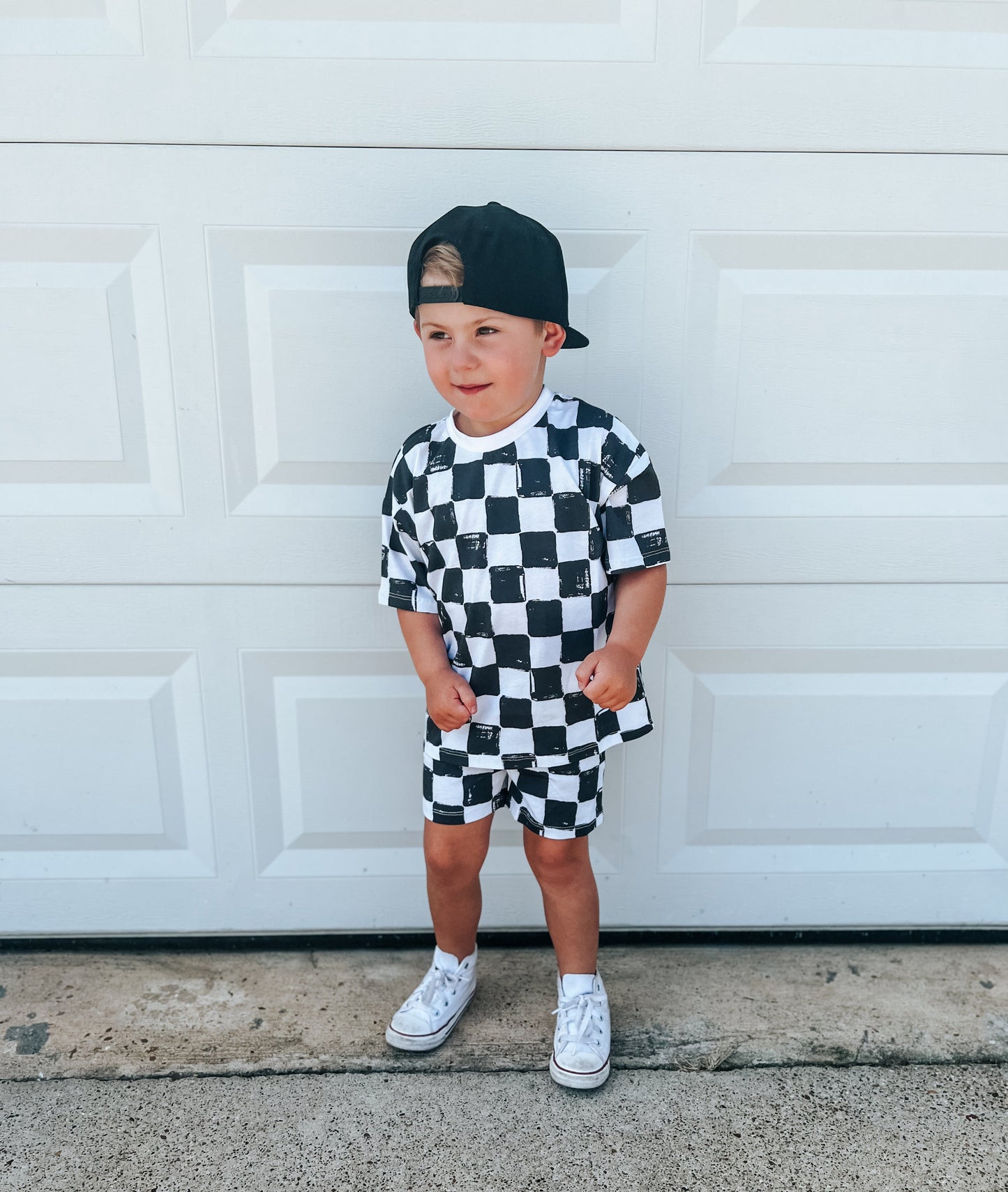 Organic Cotton Black & White Checkered Shorts Set by Little Joy Co., product view 7
