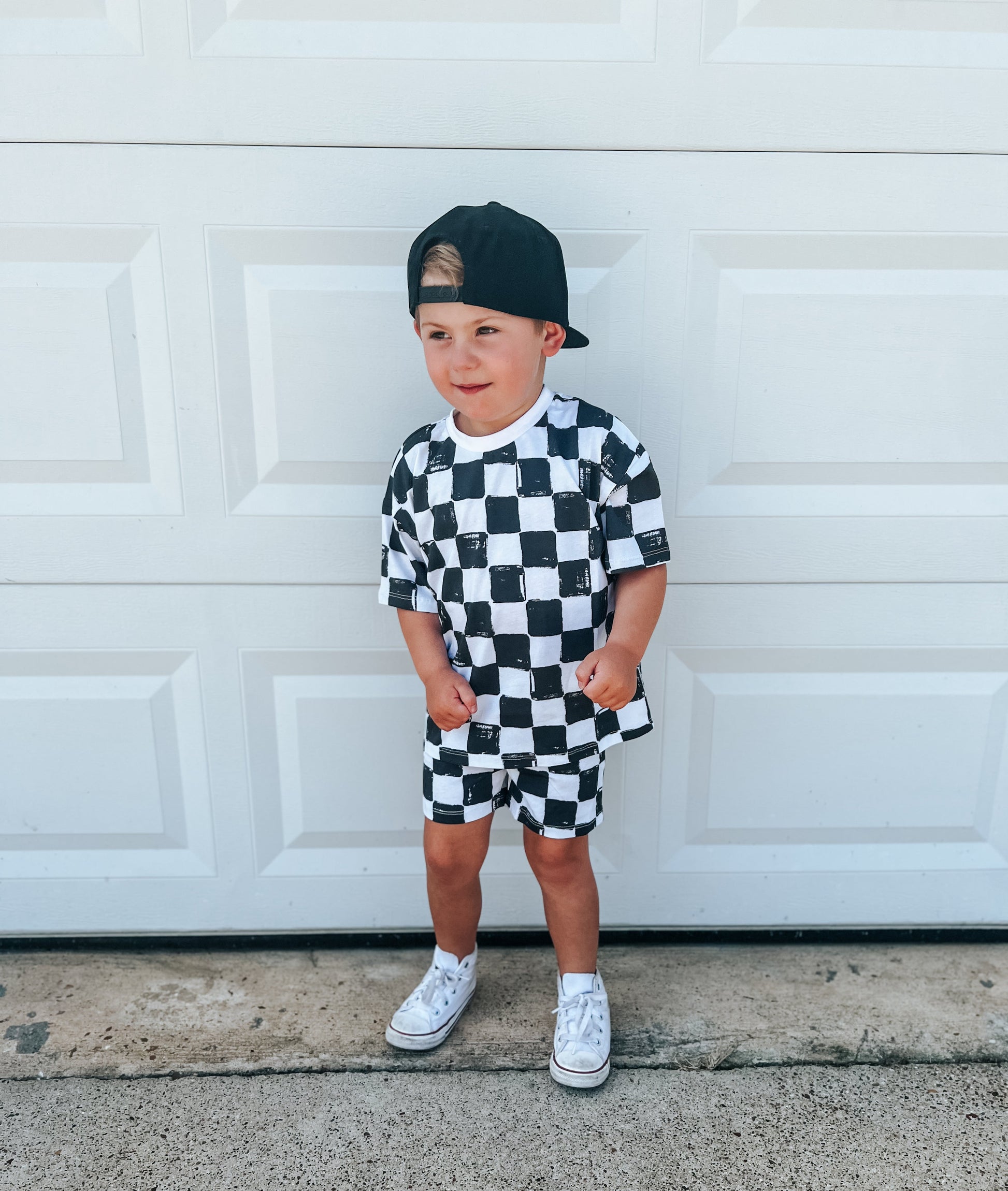 Organic Cotton Black & White Checkered Shorts Set by Little Joy Co., product view 7