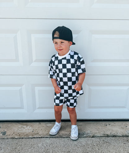 Organic Cotton Black & White Checkered Shorts Set by Little Joy Co., product view 7
