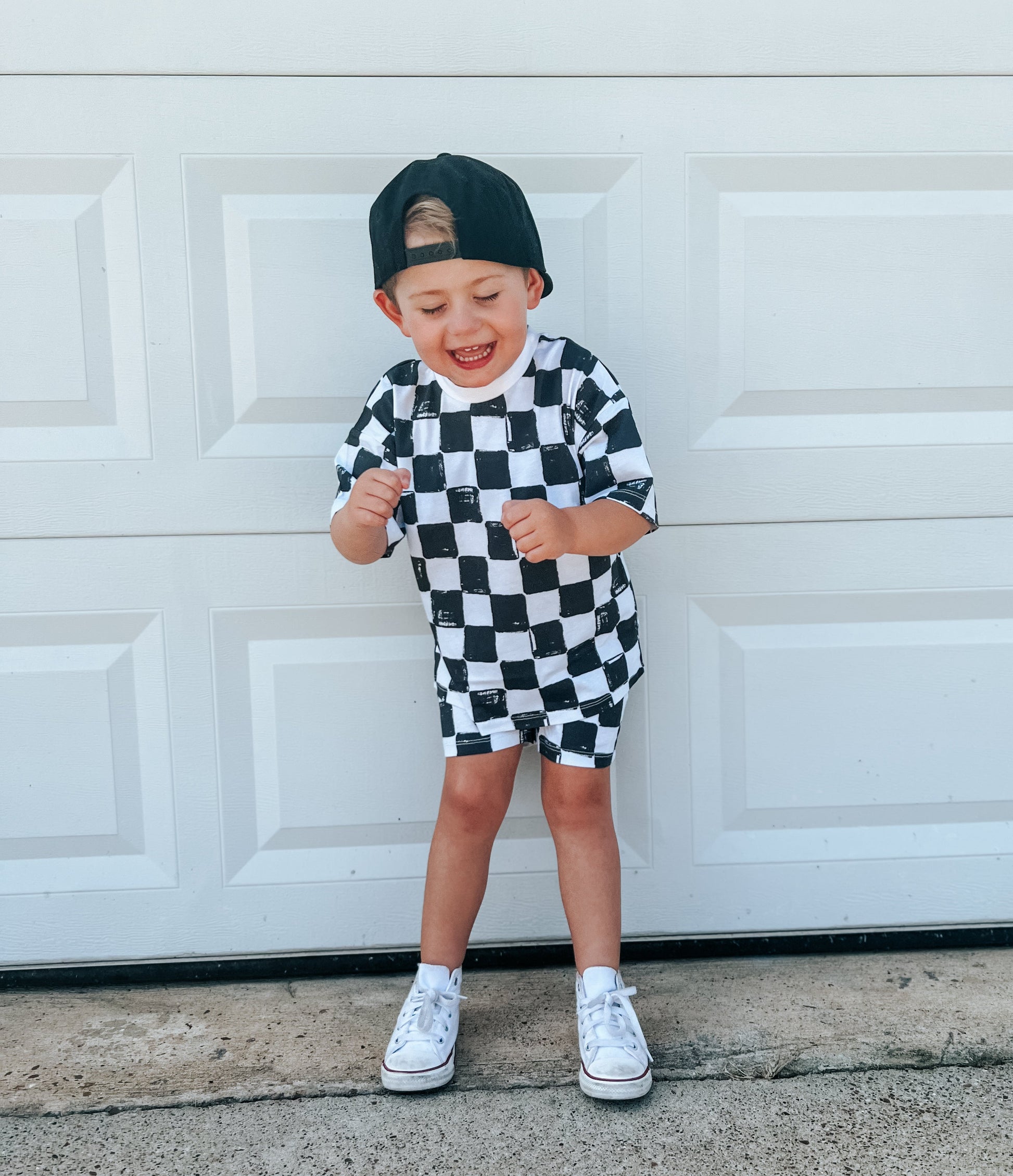 Organic Cotton Black & White Checkered Shorts Set by Little Joy Co., product view 3