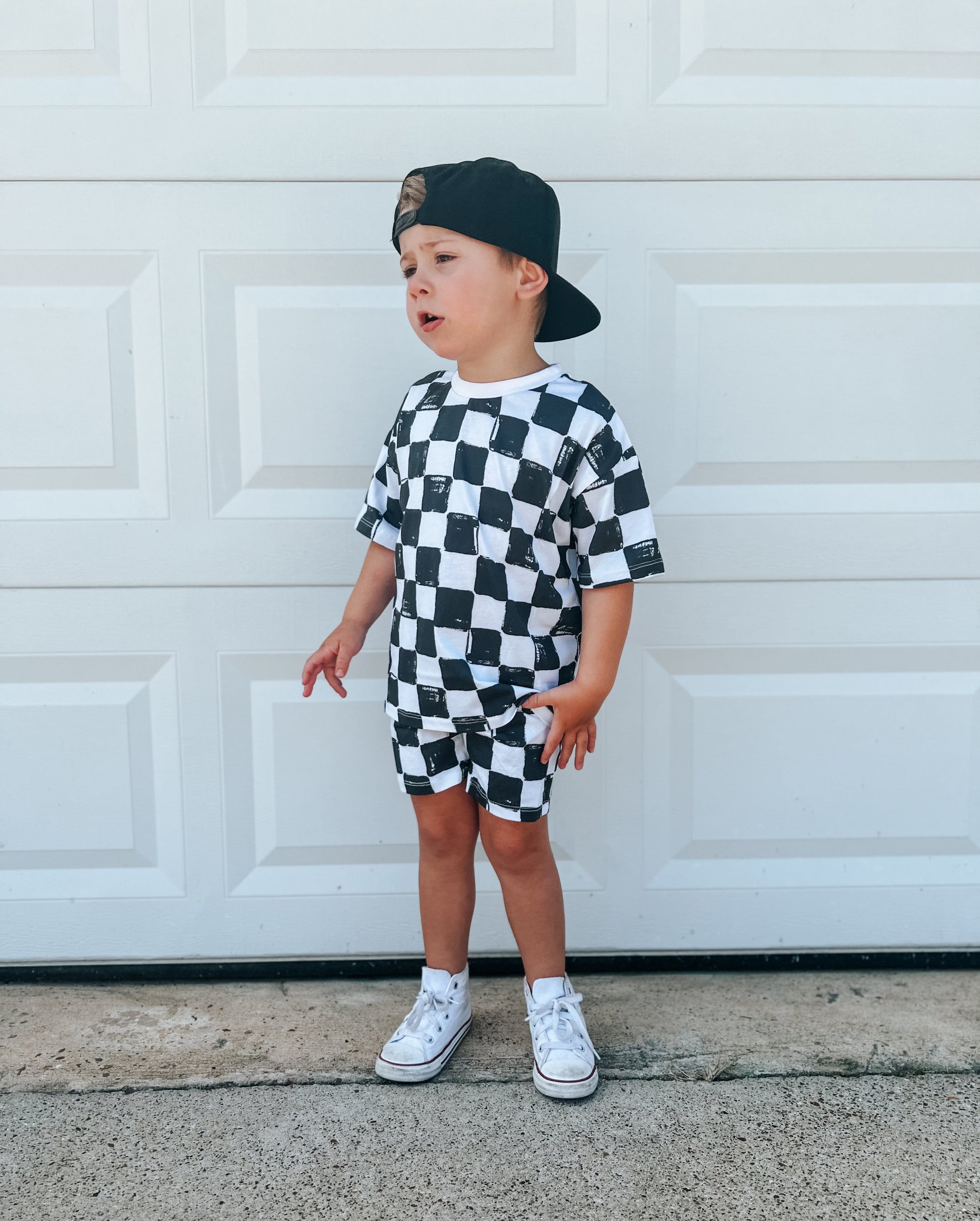 Organic Cotton Black & White Checkered Shorts Set by Little Joy Co.