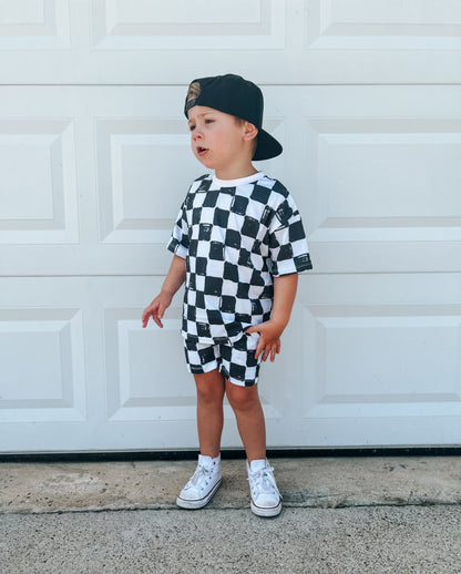 Organic Cotton Black & White Checkered Shorts Set by Little Joy Co.