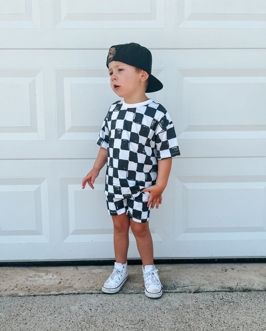 Organic Cotton Black & White Checkered Shorts Set by Little Joy Co.