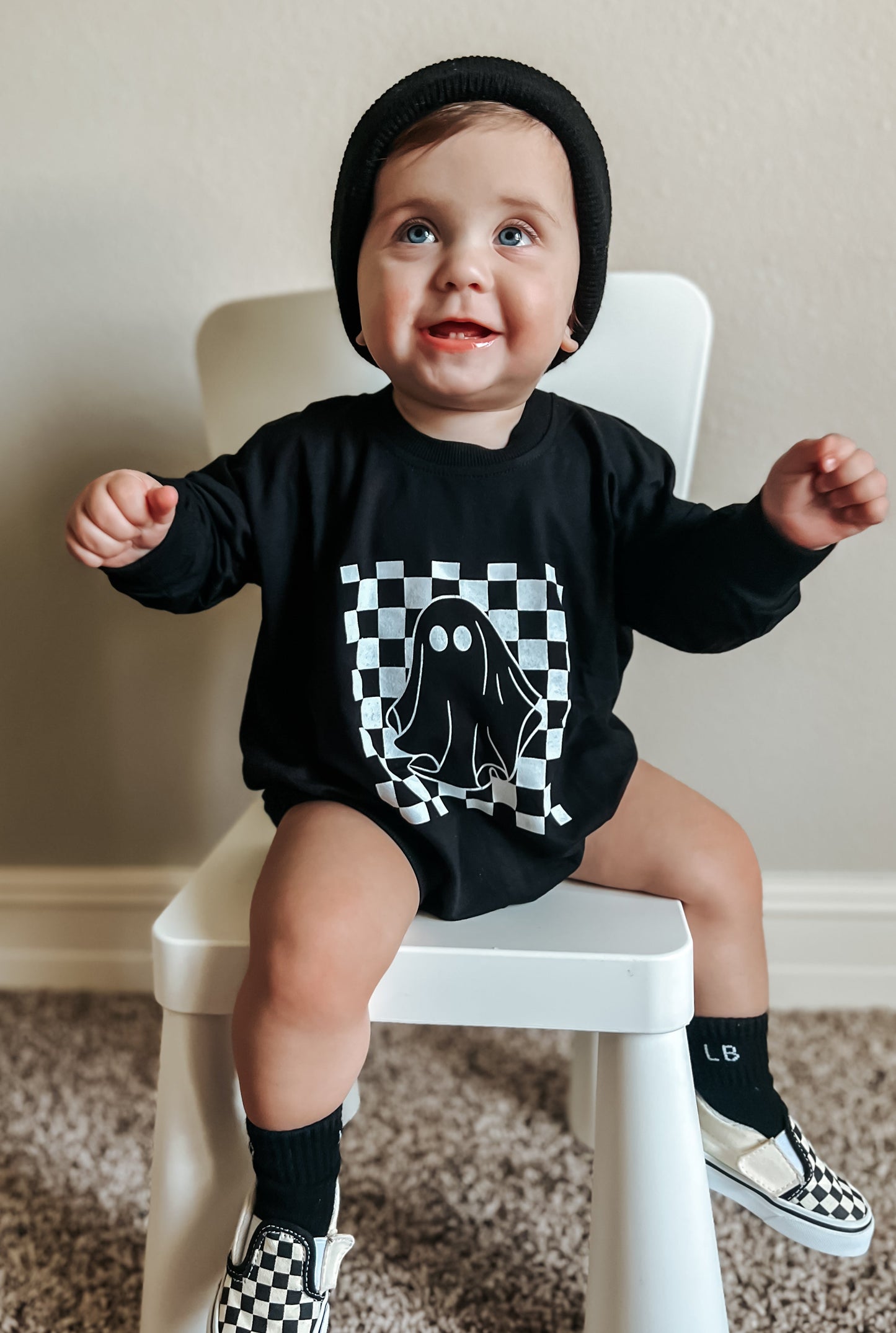 Checkered Ghost Bamboo Sweatshirt Romper by Little Joy Co., product view 13