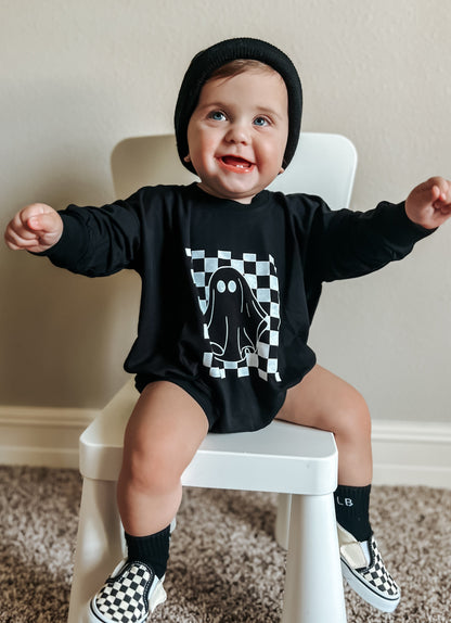 Checkered Ghost Bamboo Sweatshirt Romper by Little Joy Co.