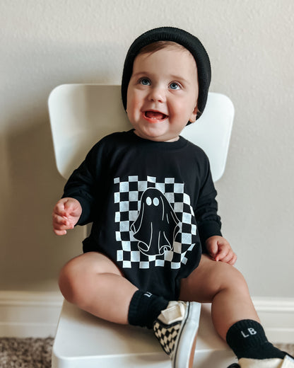 Checkered Ghost Bamboo Sweatshirt Romper by Little Joy Co., product view 4