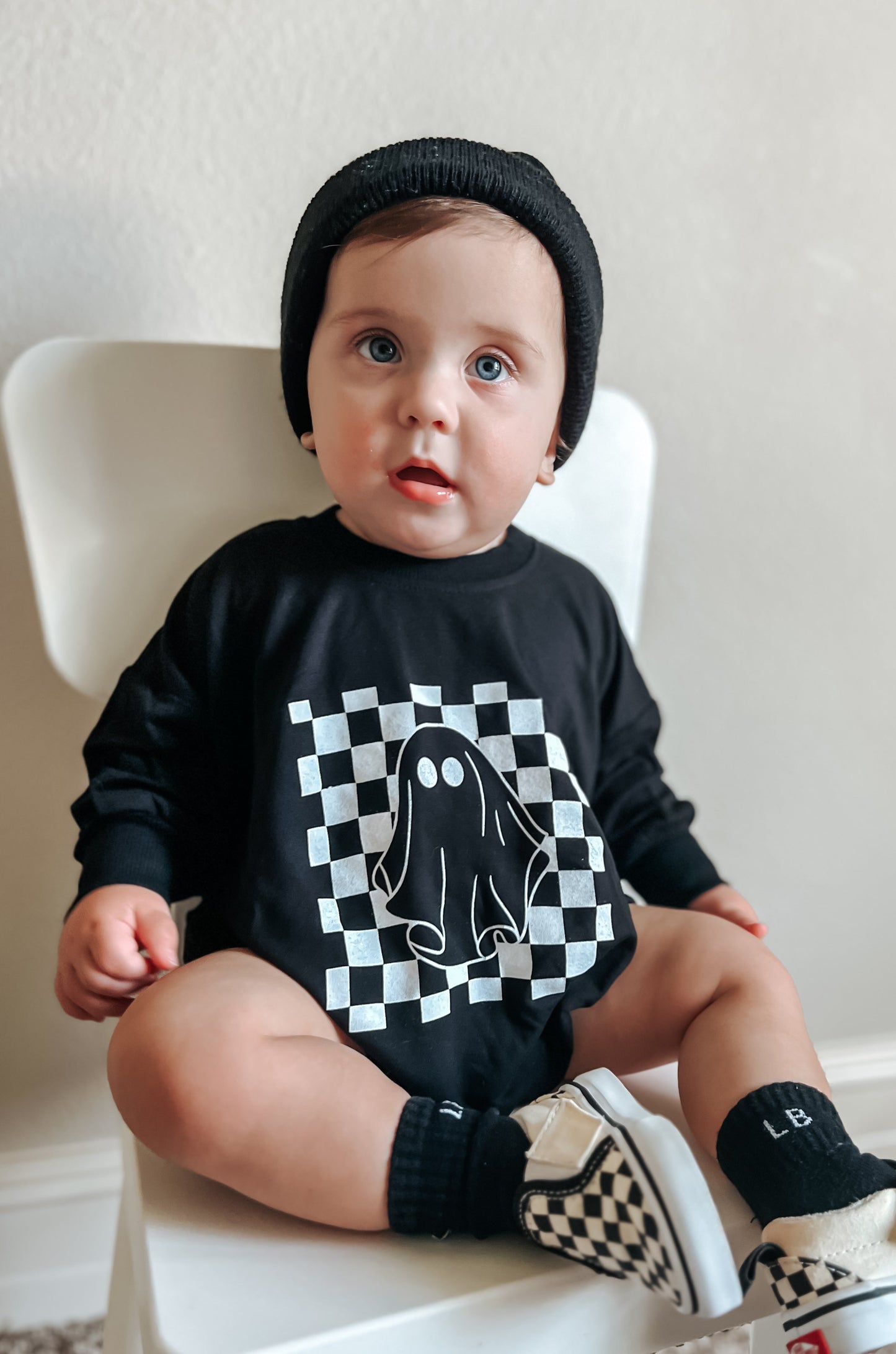 Checkered Ghost Bamboo Sweatshirt Romper by Little Joy Co., product view 2