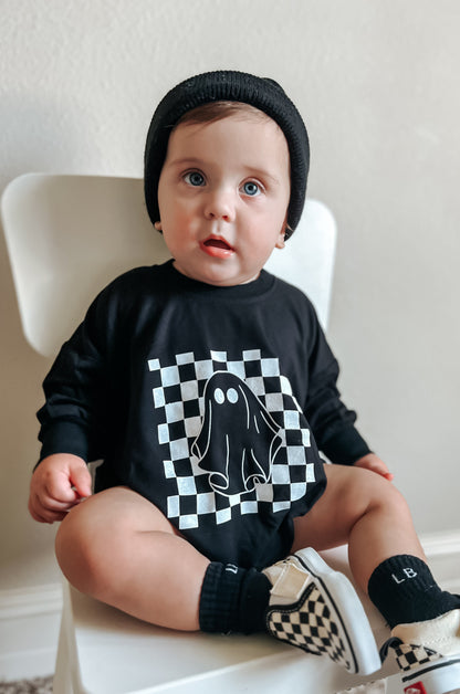 Checkered Ghost Bamboo Sweatshirt Romper by Little Joy Co., product view 2