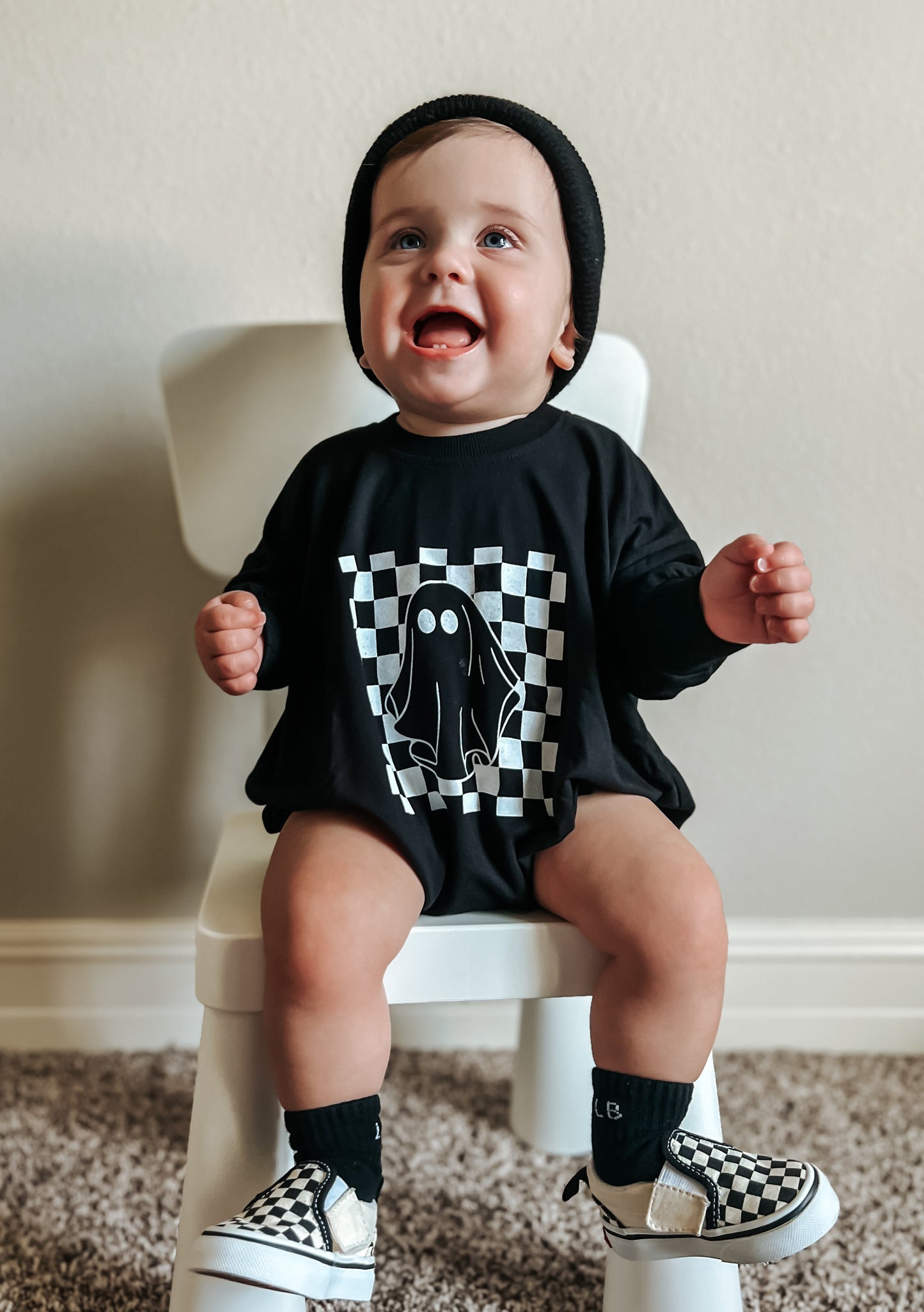 Checkered Ghost Bamboo Sweatshirt Romper by Little Joy Co., product view 8