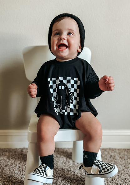Checkered Ghost Bamboo Sweatshirt Romper by Little Joy Co., product view 8