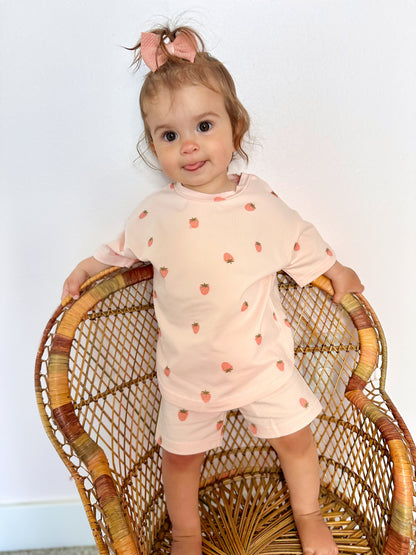 Organic Cotton Strawberry Print Shorts Set by Little Joy Co., product view 8