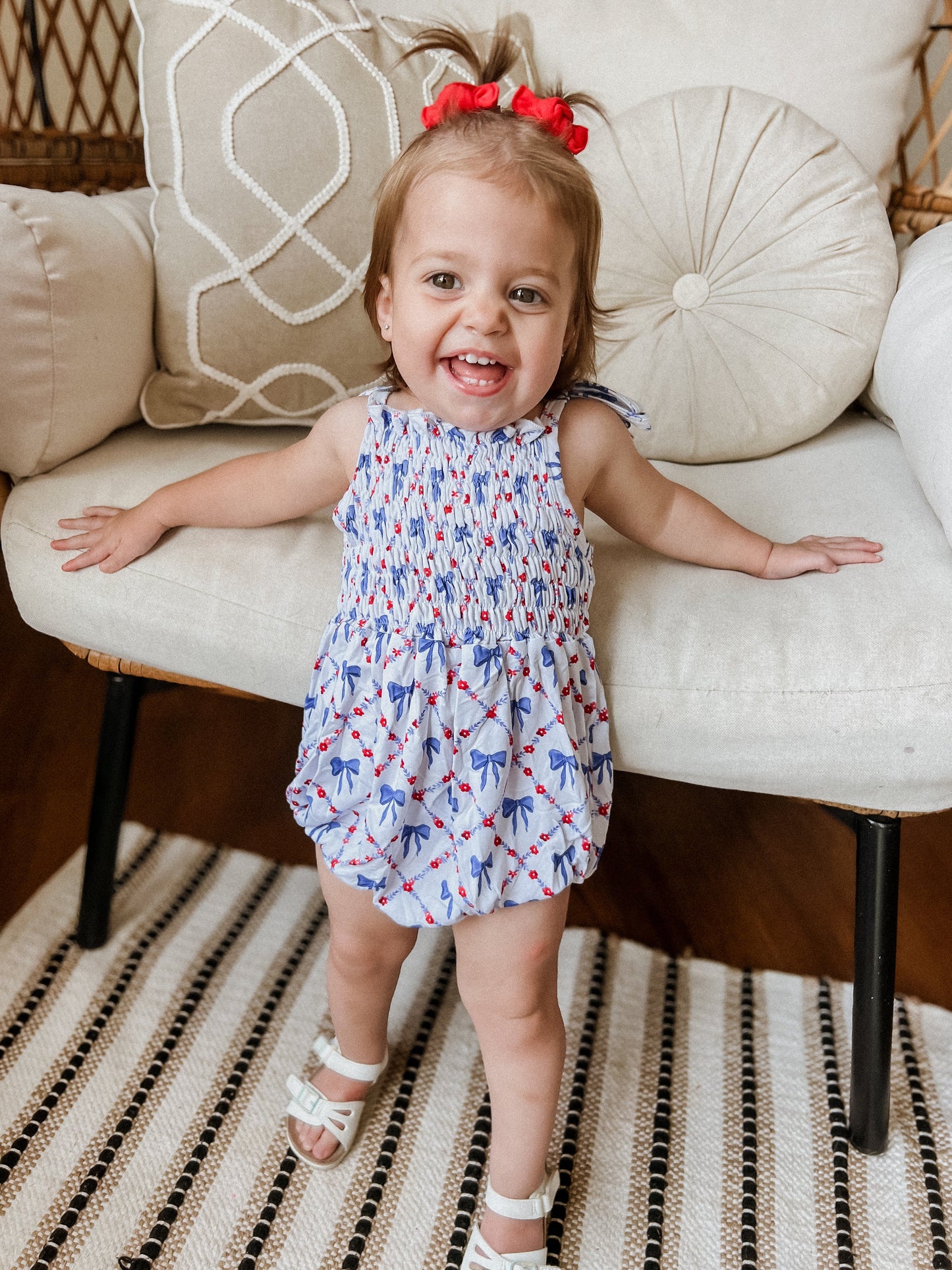 Smocked Red, White and Bows Bamboo Bubble Romper by Little Joy Co., product view 3