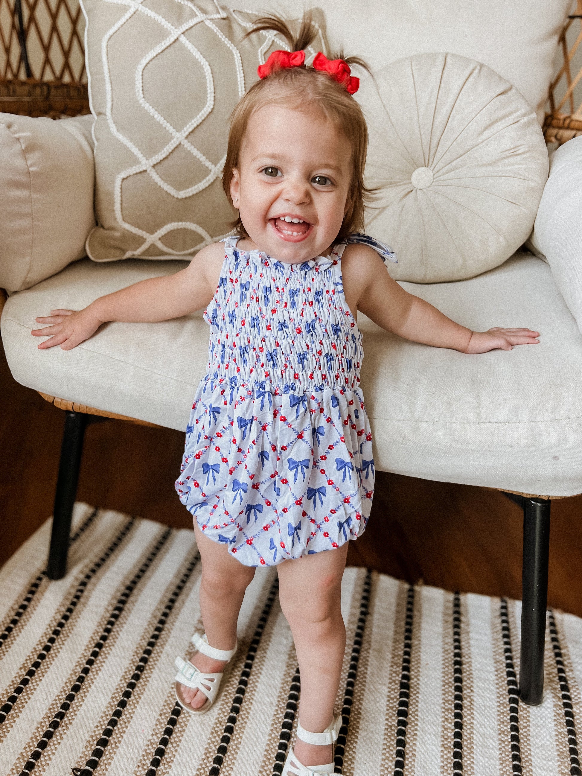 Smocked Red, White and Bows Bamboo Bubble Romper by Little Joy Co., product view 3