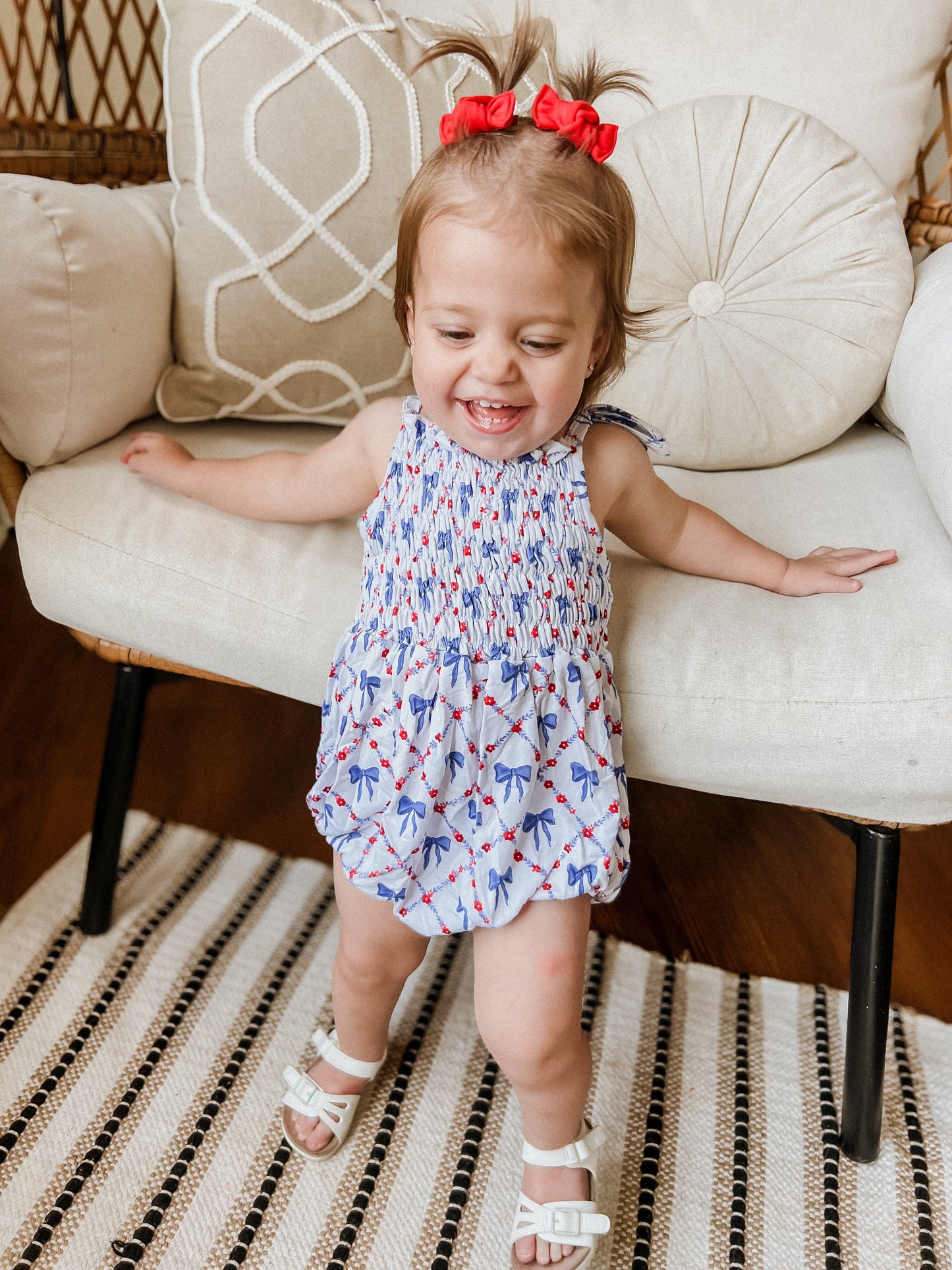 Smocked Red, White and Bows Bamboo Bubble Romper by Little Joy Co., product view 6