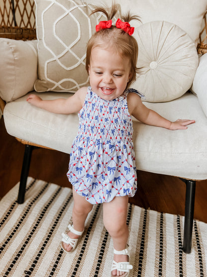Smocked Red, White and Bows Bamboo Bubble Romper by Little Joy Co., product view 6