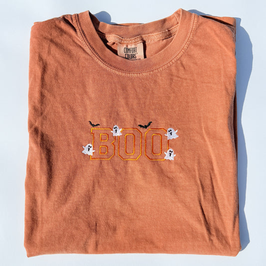 Adult Embroidered BOO Halloween Comfort Colors Tee by Little Joy Co.