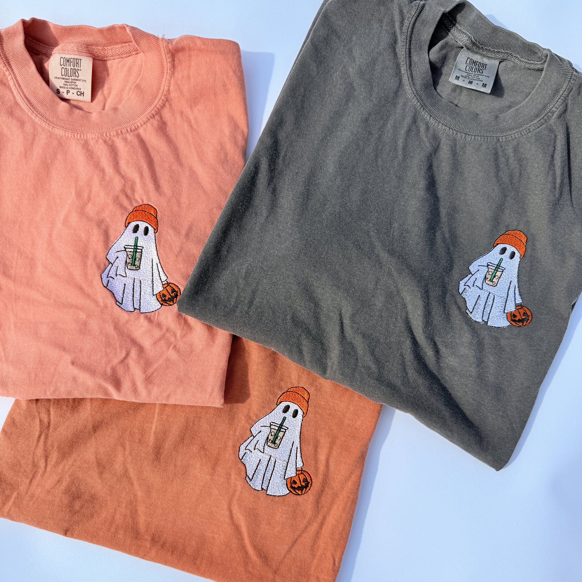 Adult Embroidered Iced Coffee Ghost Comfort Colors Tee - more colors by Little Joy Co.