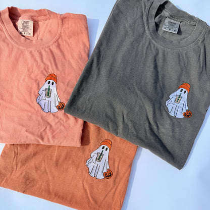 Adult Embroidered Iced Coffee Ghost Comfort Colors Tee - more colors by Little Joy Co.