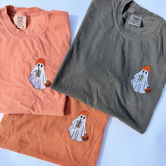 Adult Embroidered Iced Coffee Ghost Comfort Colors Tee - more colors by Little Joy Co.