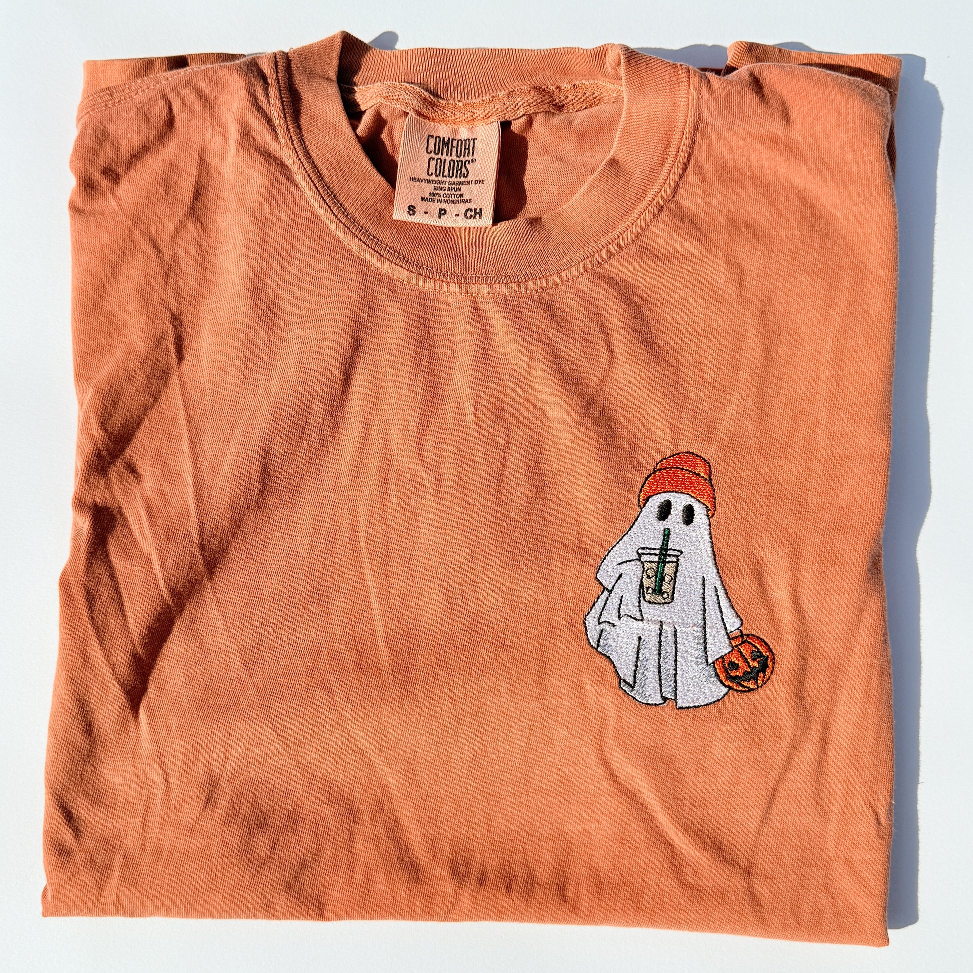 Adult Embroidered Iced Coffee Ghost Comfort Colors Tee - more colors by Little Joy Co., product view 6