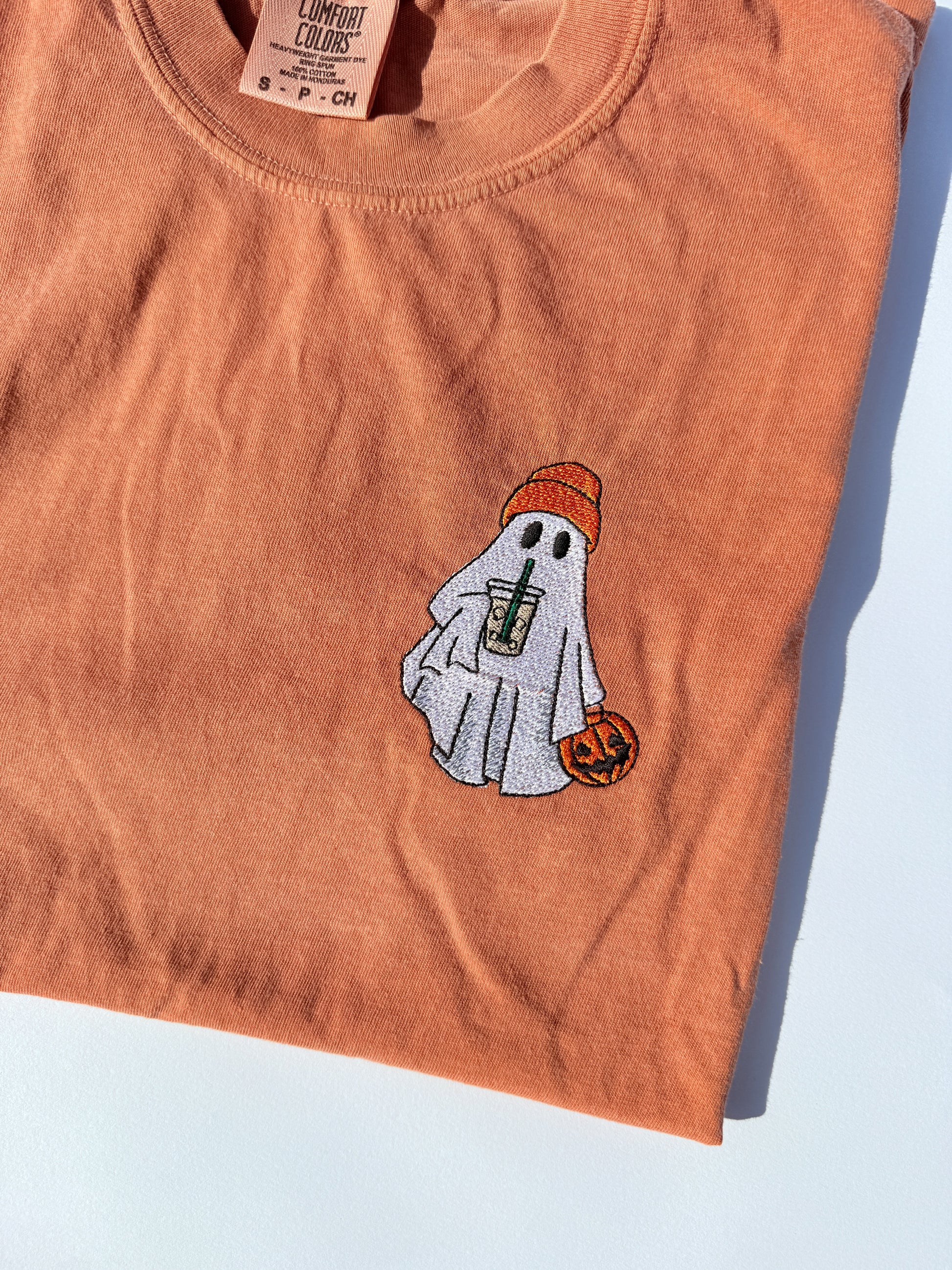 Adult Embroidered Iced Coffee Ghost Comfort Colors Tee - more colors by Little Joy Co., product view 5