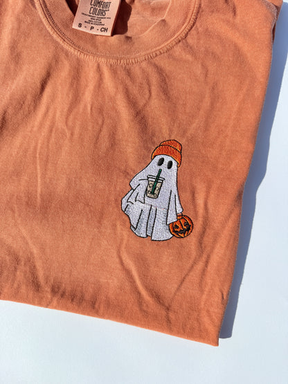 Adult Embroidered Iced Coffee Ghost Comfort Colors Tee - more colors by Little Joy Co., product view 5