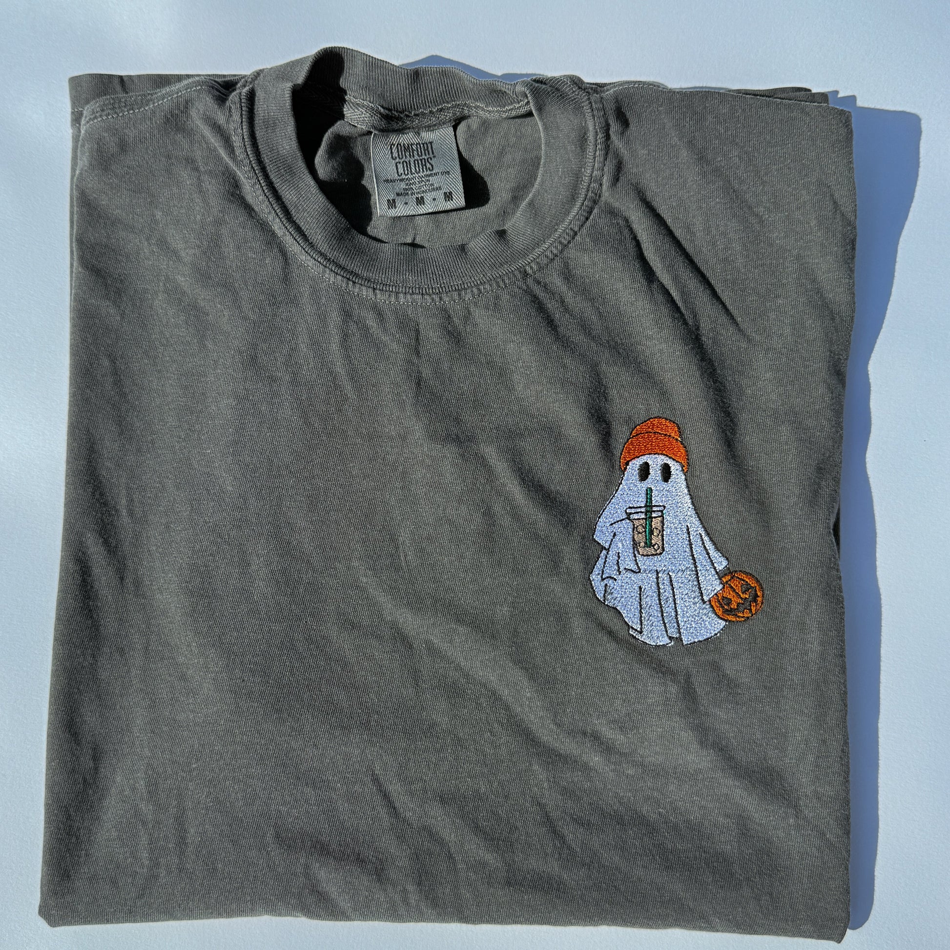 Adult Embroidered Iced Coffee Ghost Comfort Colors Tee - more colors by Little Joy Co., product view 3