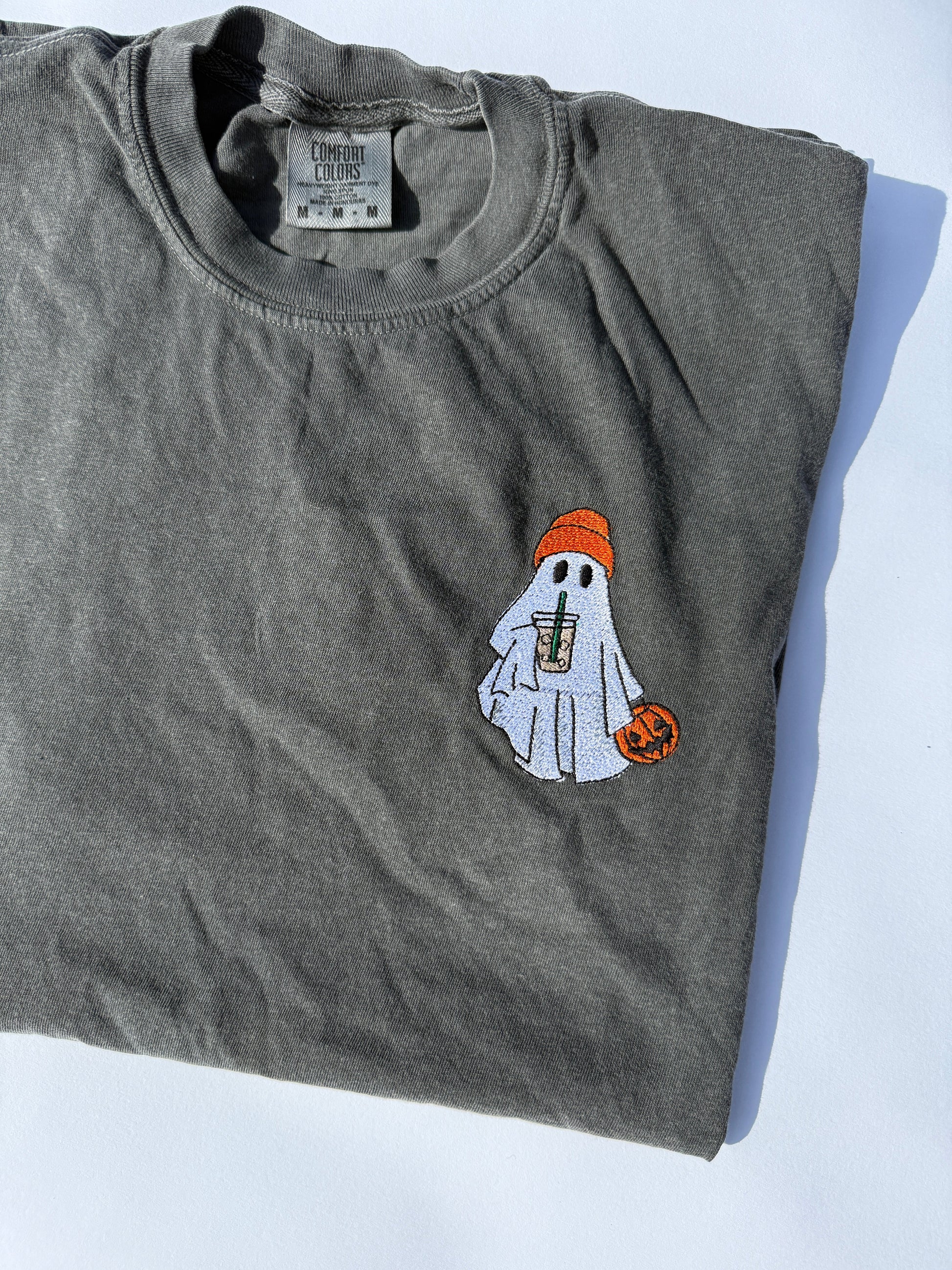 Adult Embroidered Iced Coffee Ghost Comfort Colors Tee - more colors by Little Joy Co., product view 2