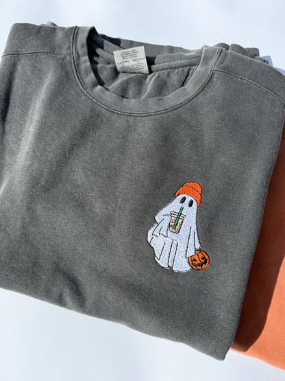 Adult Embroidered Iced Coffee Ghost Comfort Colors Crewneck Sweatshirt -… by Little Joy Co.