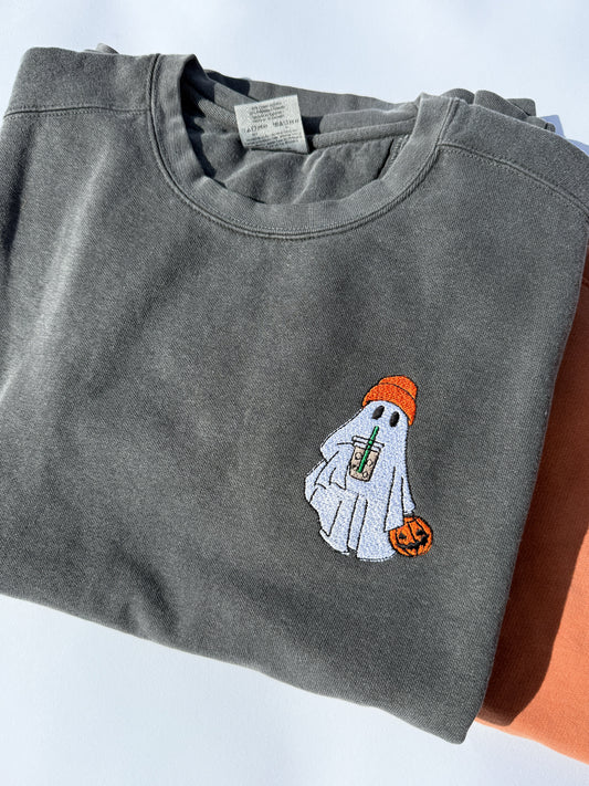 Adult Embroidered Iced Coffee Ghost Comfort Colors Crewneck Sweatshirt -… by Little Joy Co.