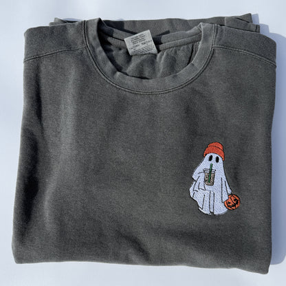 Adult Embroidered Iced Coffee Ghost Comfort Colors Crewneck Sweatshirt -… by Little Joy Co., product view 4