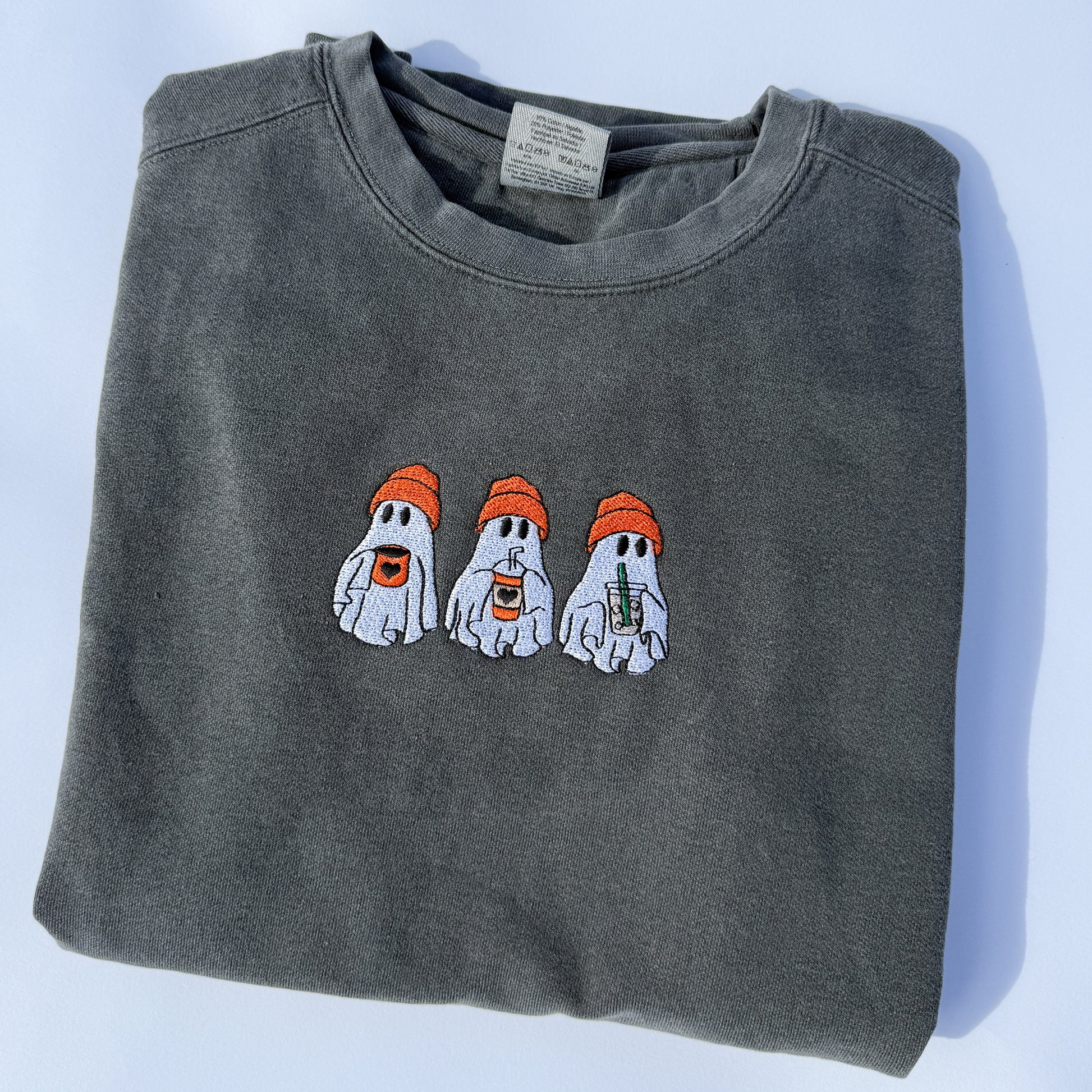 Adult Ghost Trio Embroidered Comfort Colors Crewneck Sweatshirt - Pepper by Little Joy Co.