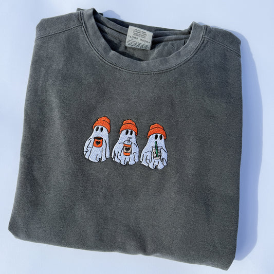 Adult Ghost Trio Embroidered Comfort Colors Crewneck Sweatshirt - Pepper by Little Joy Co.