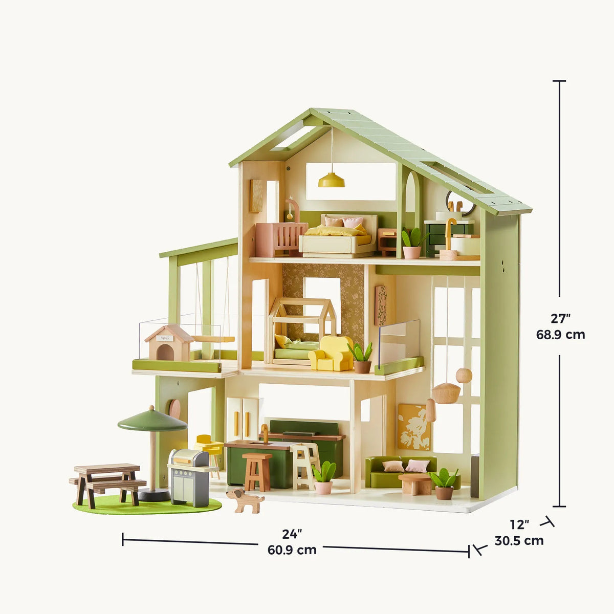 Tiny Land Sweetwood Edge Wooden Dollhouse – Green or Pink