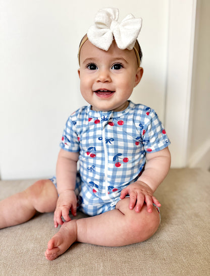 Red White & Blue Cherry Gingham Bamboo Shorty Pajamas by Little Joy Co.
