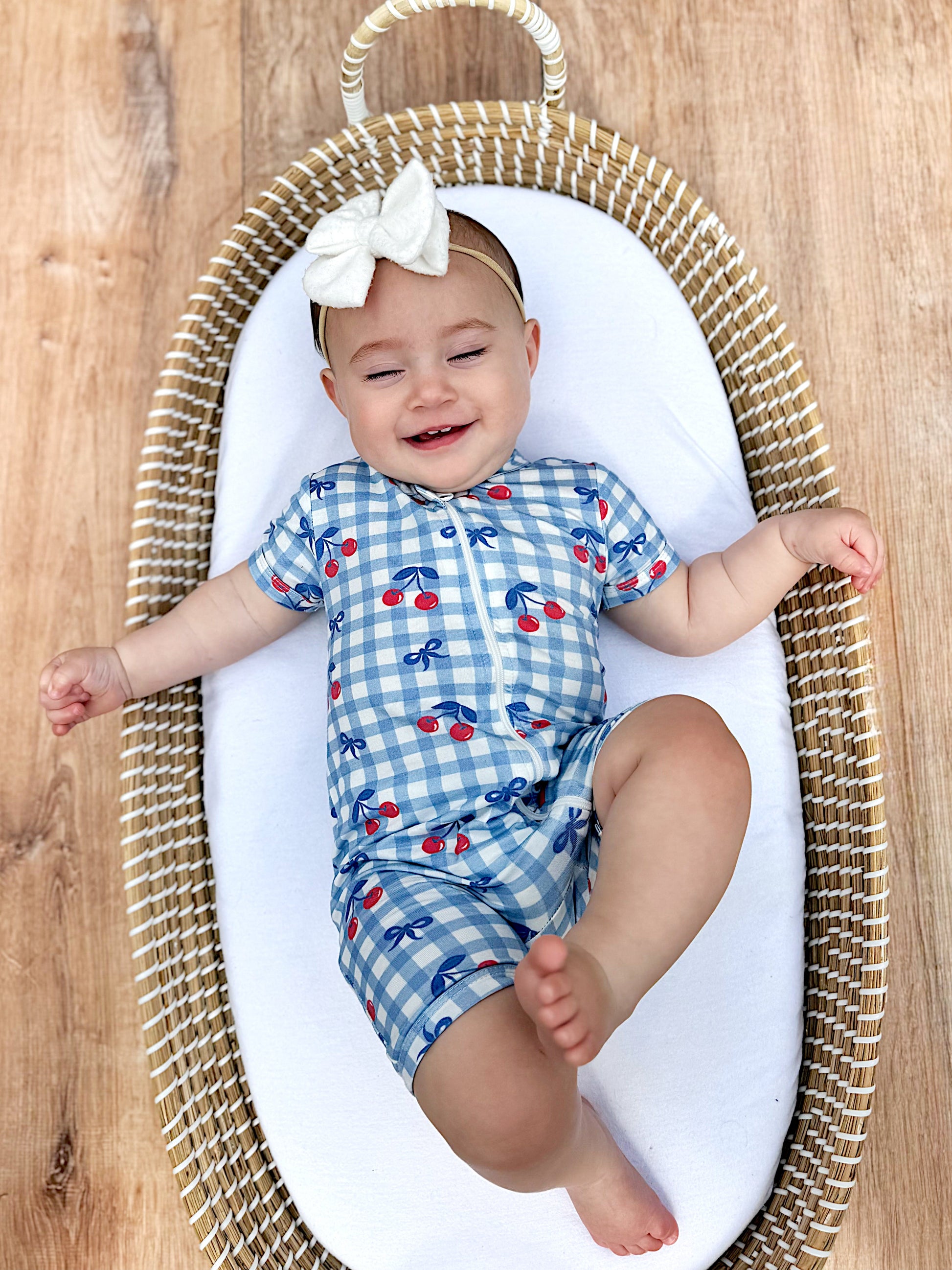 Red White & Blue Cherry Gingham Bamboo Shorty Pajamas by Little Joy Co., product view 2