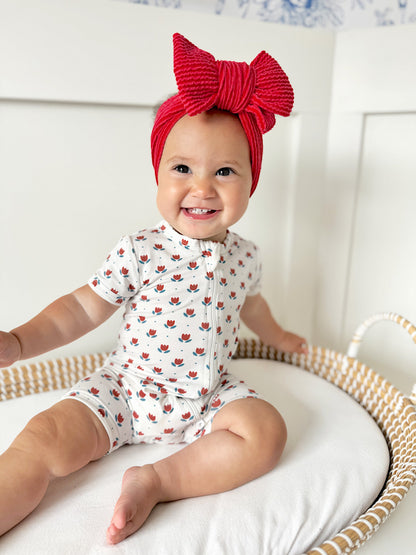 Red White & Blue Tulips Bamboo Shorty Pajamas by Little Joy Co., product view 2