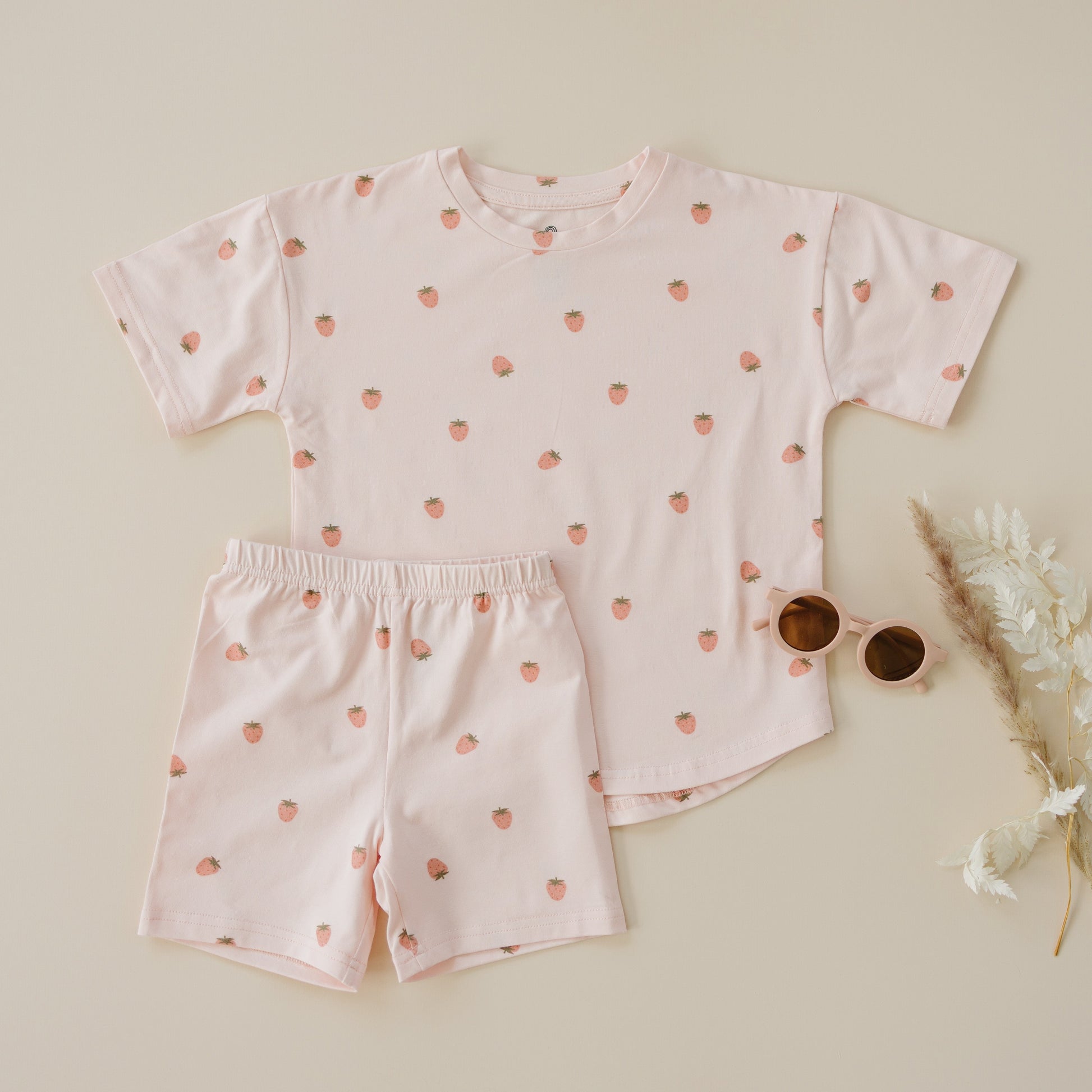 Organic Cotton Strawberry Print Shorts Set by Little Joy Co., product view 2