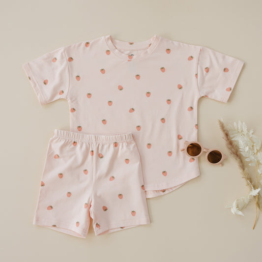 Organic Cotton Strawberry Print Shorts Set by Little Joy Co., product view 2