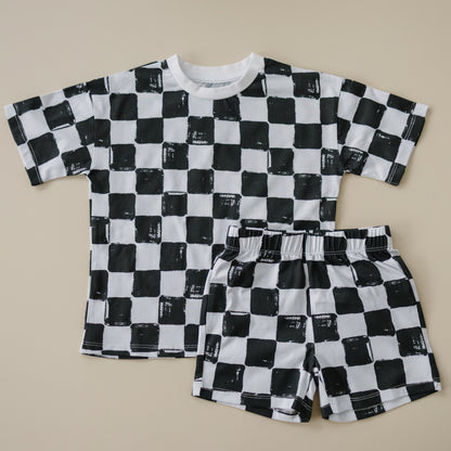 Organic Cotton Black & White Checkered Shorts Set by Little Joy Co., product view 5