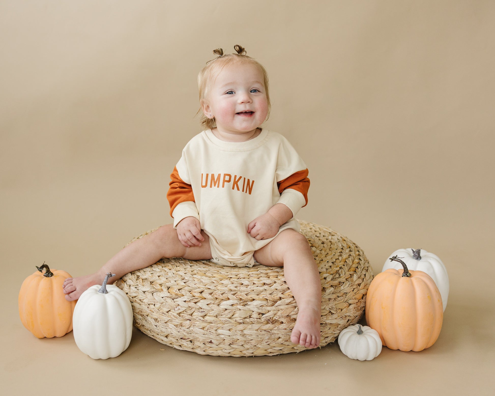 Colorblock 'Pumpkin' Sweatshirt Romper by Little Joy Co., product view 6